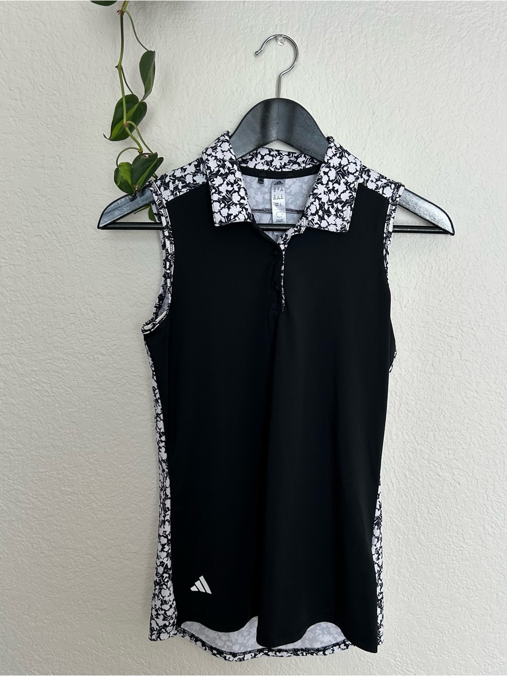 adidas Black Sleeveless Golf Polo with Monochrome Floral Trim